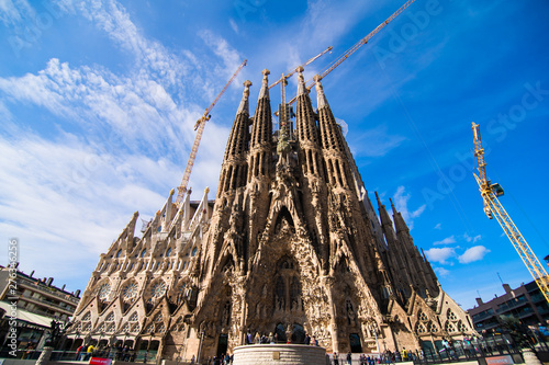 BARCELONA, SPAIN - April, 2019 : Sagrada Familia in Barcelona the most known the buildings created by Antoni Gaudi.