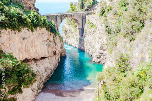 Famous fiordo di furore beach seen from bridge.