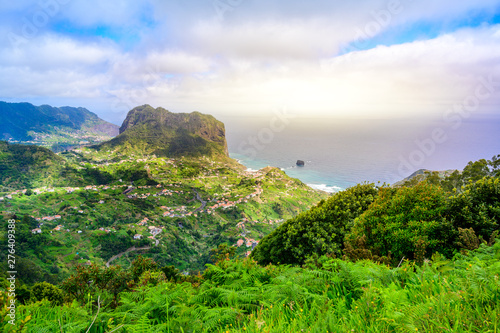 Landscape scenery from Portela Viewpoint - Porto da Cruz at beautiful coast and mountains in the north of Madeira island - Ribeira Frio-Portela, Portugal.