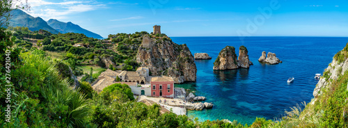 Coastline with rocks and deep blue sea near Castellamare del Golfo by entrance to natural reserve Zingaro, Sicily, Italy