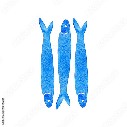 Hand Drawn blue watercolor illustration a group of anchovy fish on white background.Design for print, wallpaper, card, menu, market