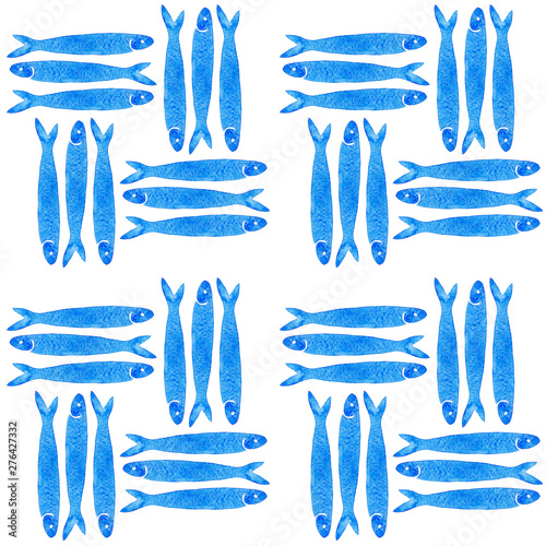 Hand drawn marine seamless pattern a group of anchovy fish on white background. Design for textile, wallpaper, card, menu, market
