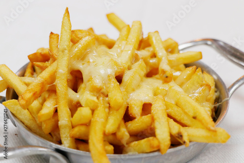 melted cheesy fries in a metal bowl with white background