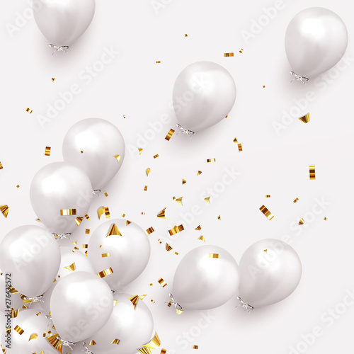 Festive background with helium balloons. Celebrate a birthday, Poster, banner happy anniversary. Realistic decorative design elements. Vector 3d object ballon, white color.