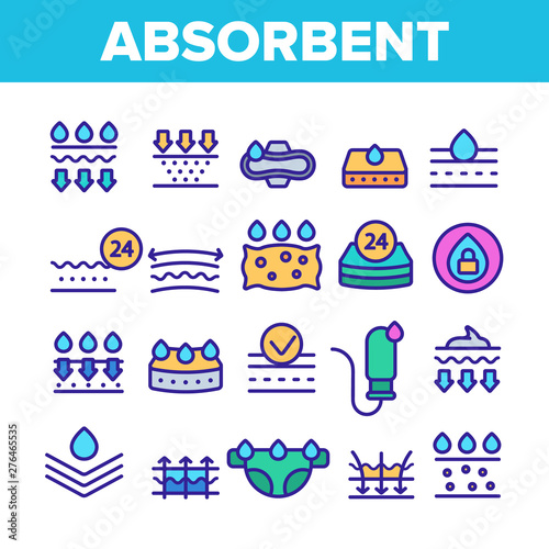 Absorbent, Absorbing Materials Vector Thin Line Icons Set. Absorbents For Moisture Control. Absorbing Breathable Textures For Children, Women Linear Pictograms. Water Drops Contour Illustrations