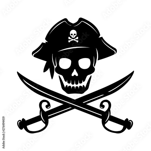 Pirate skull emblem illustration with crossed sabers. 