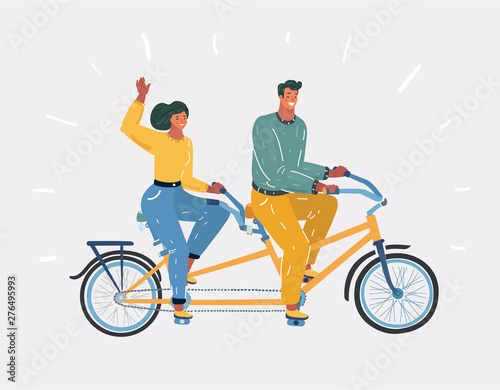 Couple riding on tandem bicycle outdoors.