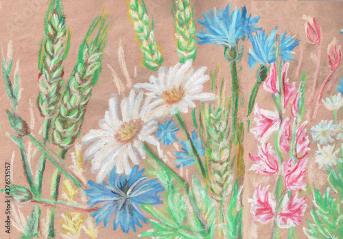  various wild flowers drawn with wax pencils on craft paper
