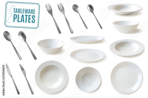 Realistic plates and tableware set