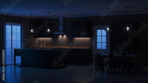 Modern house interior. Interior with black kitchen. Night. Evening lighting. 3D rendering.