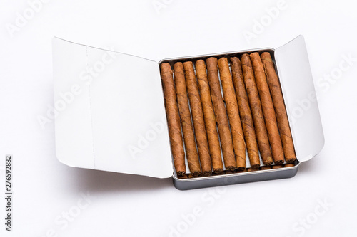 Box of cigarillos on white background