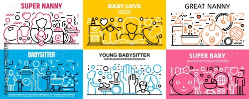 Child babysitter banner set. Outline set of child babysitter vector banner for web design