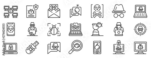 Hacker icons set. Outline set of hacker vector icons for web design isolated on white background