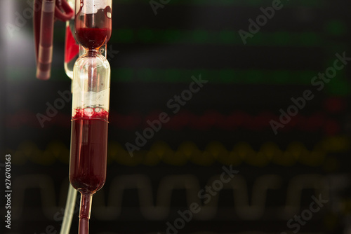 Blood bag hanging for transfusion in operating room