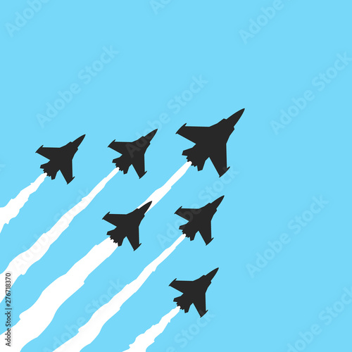 Military fighter jets on a blue background. Vector airplane show banner