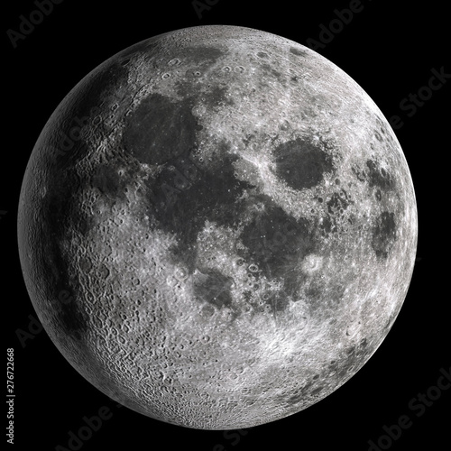 Full moon in high resolution isolated on black background.