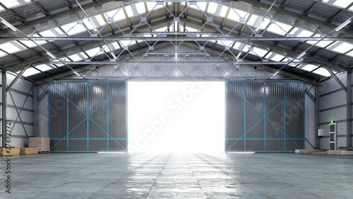 Hangar interior with gate. 3d illustration