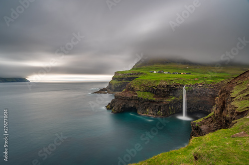 Gasadalur waterfall long exposure in Faroe Islands, Vagar island