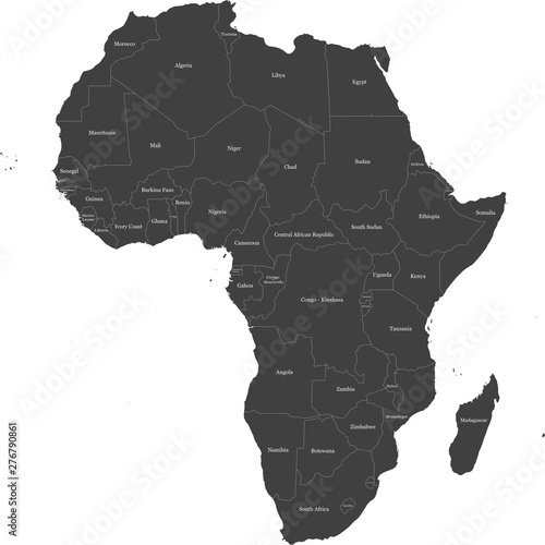 Map of Africa split into individual countries. Displaying full name of each country.