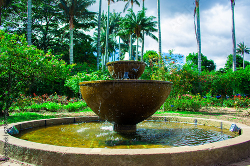 Great fountain in the garden surrounded by nature. Beautiful landscape to travel on vacation and enjoy nature.