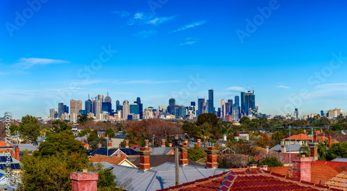 A large panorama of the city skyline of Melbourne, Victoria, Australia. View from north looking south.