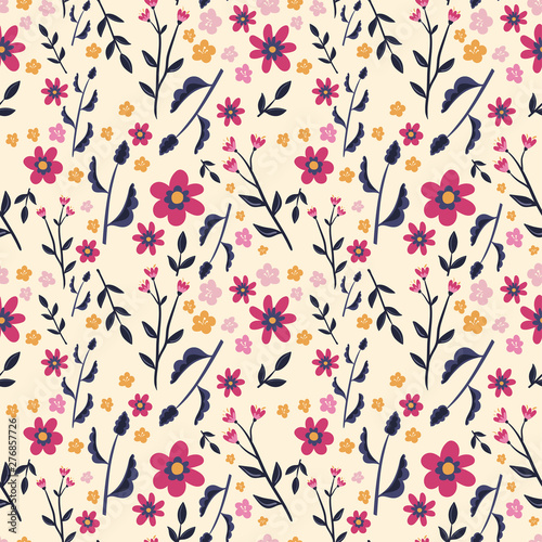 Traditional seamless pattern with flowers and leaves in pink, violet and yellow, elegant floral background, great for fashion print, summer textile, banners, wallpapers, vector design