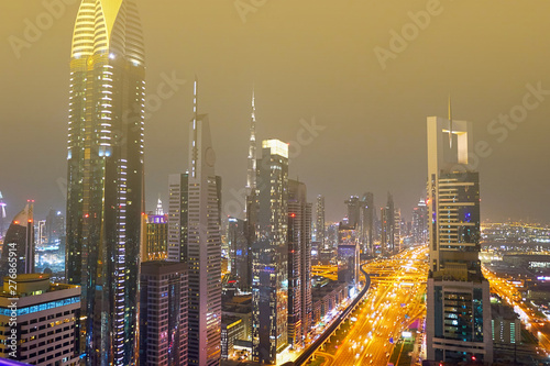 Dubai Marina Night cityscape with highway