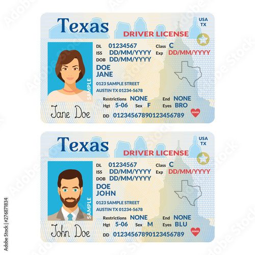 Vector template of sample driver license plastic card for USA Texas