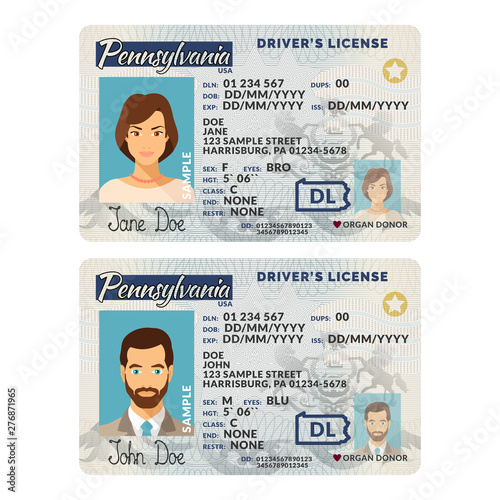 Vector template of sample driver license plastic card for USA Pennsylvania
