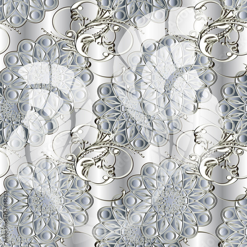 Modern abstract floral vector seamless pattern. Ornamental vector silver background. Repeat decorative light white backdrop. Vintage flowers, leaves, geometric shapes, lines. Luxury ornate design