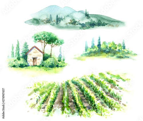 Watercolor Fragments of Rural Scene with Hills, Vineyard and Trees