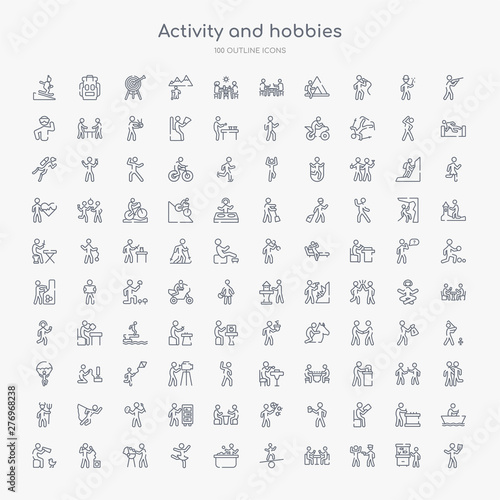 100 activity and hobbies outline icons set such as acting, arrest, baccarat, balancing, ball pit, ballerina, barbeque, beatboxing
