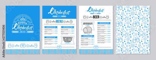 Oktoberfest pub menu template set in a modern minimalist style with festival logo, barrel of beer, beer mugs, pretzels and tradition seamless pattern. Vector illustration