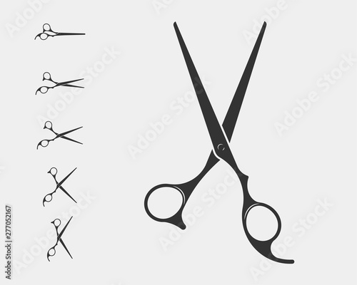 Set hair cut scissor icon. Scissors vector design element or logo template. Black and white silhouette isolated.