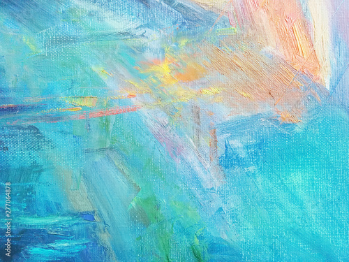 Turquoise blue and orange oil paint on canvas abstract background