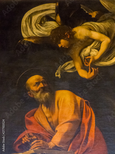 The Inspiration of St. Matthew (Italian: San Matteo e l'Angelo) by Caravaggio in the Contarelli Chapel, San Luigi dei Francesi church, Rome, Italy 