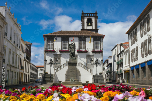 Ponta Delgada City Hall. Beautiful baroque building.with a bell tower in the capital of the Azores. Portugal, Sao Miguel.