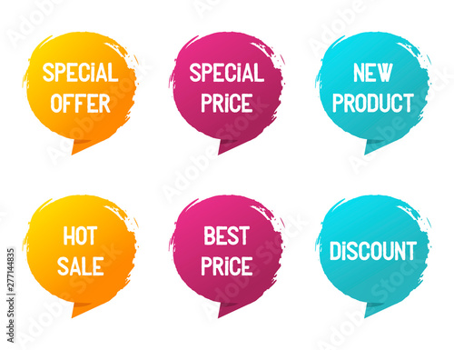 Banner tag. Special offer and special price, new product, hot sale, best price, discount text. Modern banner set. Grange style form with various colors. Vector