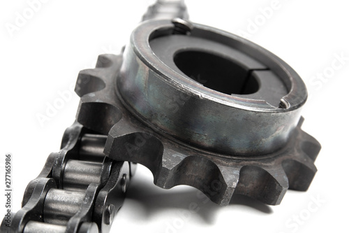 Roller chain and drive sprocket on a white background