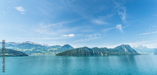 Panorama of the lake and mountains of the Alps in Switzerland.