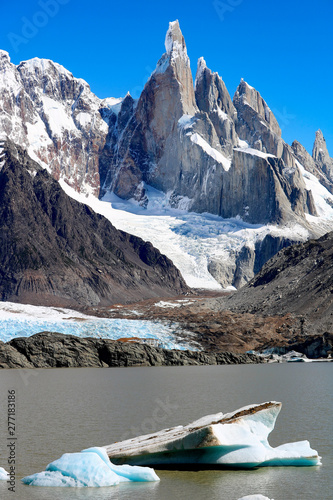 view to the snow capped mountains of Laguna Torre in Argentina