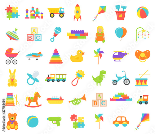 Baby toy isolated. Vector. Set kids toys. Baby shower stuff in flat design on white background. Colorful cartoon illustration. Cute collection children icons.