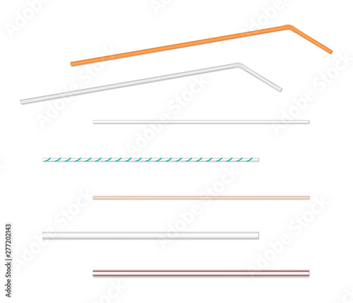 Drinking straw set isolated on white background, realistic illustration. Paper and plastic drinking straws, vector template for design
