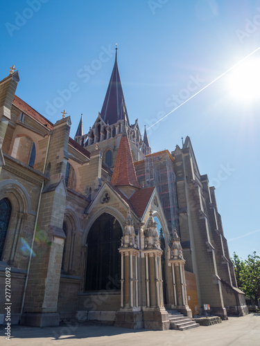 Lausanne, Switzerland - Jun 1st 2019: The Cathedral of Notre Dame of Lausanne is a church located in the city of Lausanne, in the canton of Vaud in Switzerland.
