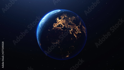 Earth planet viewed from space at night showing the lights of Europe and other countries, 3d render of planet Earth, elements of this image provided by NASA