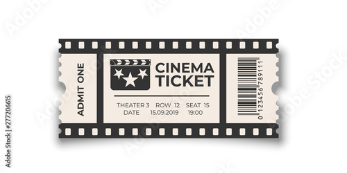 White cinema ticket with barcode template isolated on white background. Vector design element.