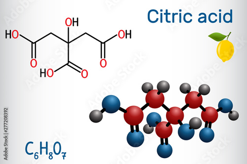 Citric acid molecule, is found in citrus fruits, lemons and limes. Is used as additive in food, cleaning agents, nutritional supplements. Structural chemical formula