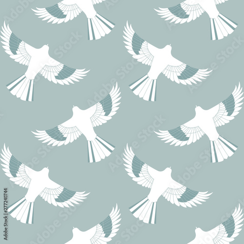 Blue mockingbird Seamless Pattern. This is a white, green, and blue repeat pattern inspired by mockingbirds and geometric lines. You can enjoy this on packaging, wallpaper, or backgrounds.