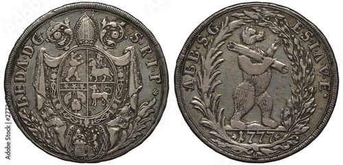 Switzerland Swiss St. Gallen silver coin 1 thaler 1777, Episcopal arms, bear on hinder legs carrying log, sprigs flank, 