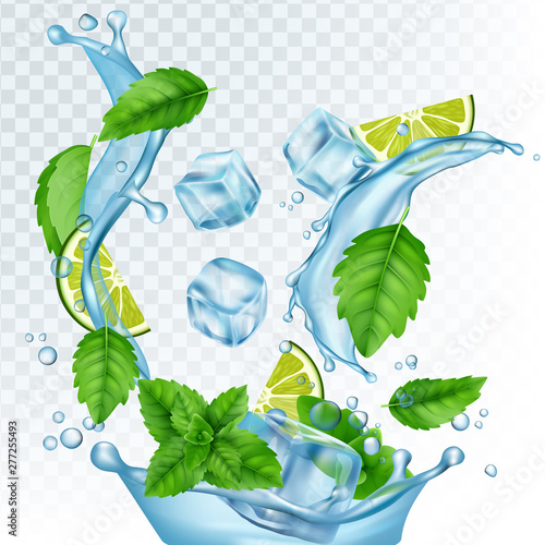 Fresh drink vector illustration. Realistic water, ice cubes, mint leaves and lime isolated on transparent background. Mojito with lemon and leaf mint, fresh mocktail with ice